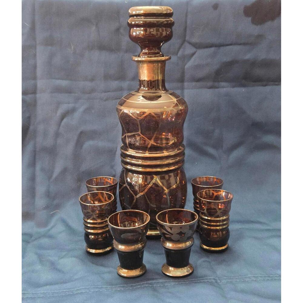 Vintage Brown Glass Decanter Set with Six Matching Glasses Made in Italy